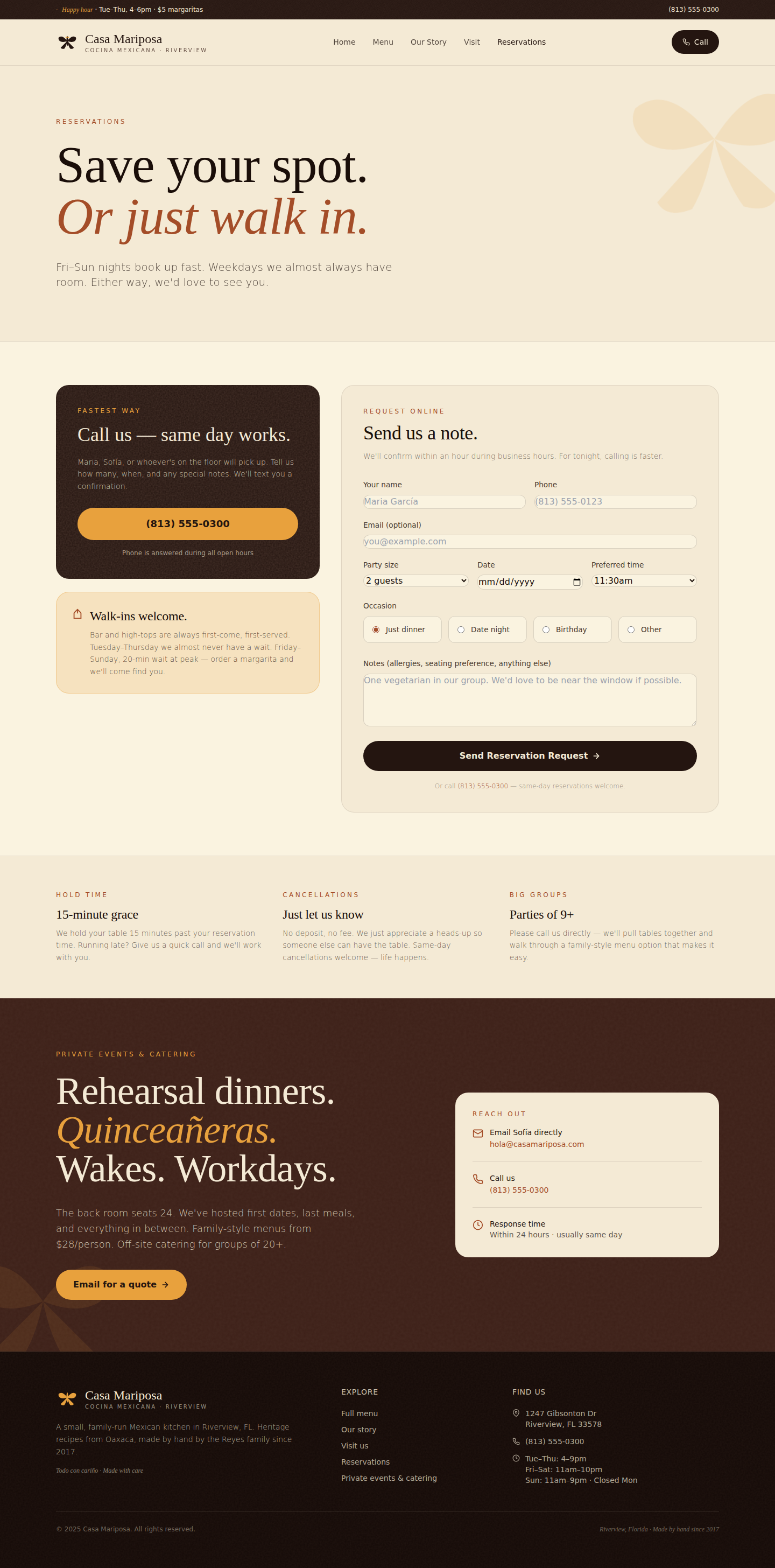Restaurant reservations page sample
